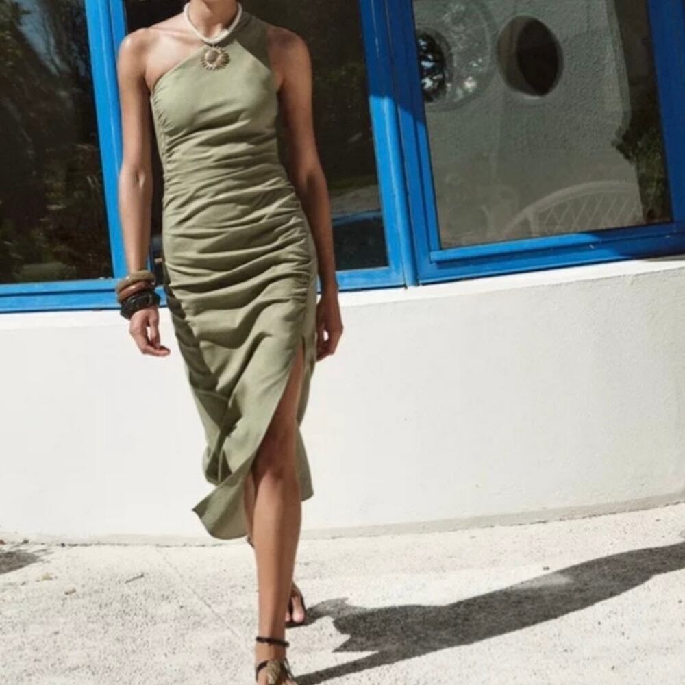 Zara Asymetrical One Shoulder Braided Back Midi Dress Linen Blend Small Green